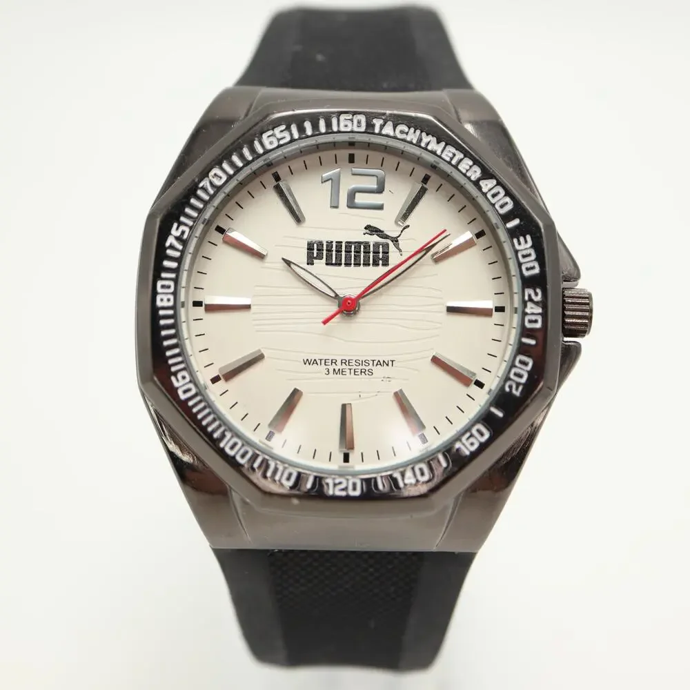 Puma Men's Black Sport Analog 44mm Watch White Dial Silicone Strap w New Battery